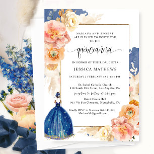 Invitation Elégante Marine Blue Floral Princesse Quinceañera