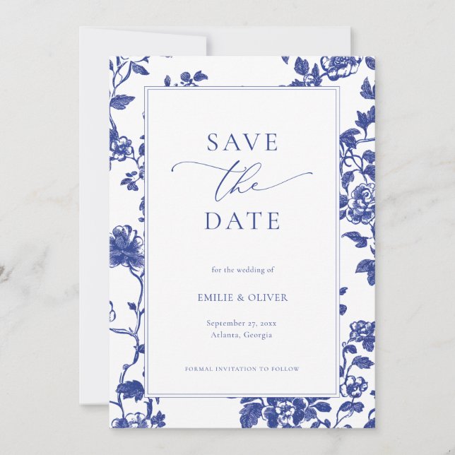 Invitation Elégante Marine Blue Floral Toile Enregistrer la d (Devant)