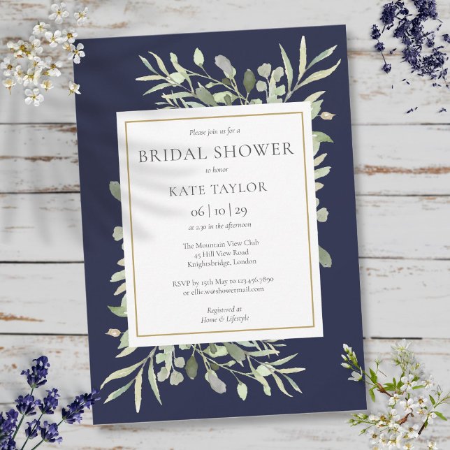 Invitation Elégante Marine Blue Gold Fête des mariées de verd (Elegant Navy Blue Gold Greenery Bridal Shower Invitation)