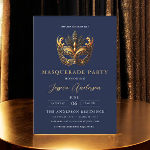 Invitation Elégante Marine Blue Gold Masquerade Party Anniver