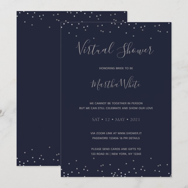 Invitation Elégante Marine Blue Silver Fête des mariées virtu (Devant / Derrière)