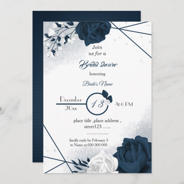 Invitation élégante marine et fleurs blanches nuptiale douche (Devant / Derrière)