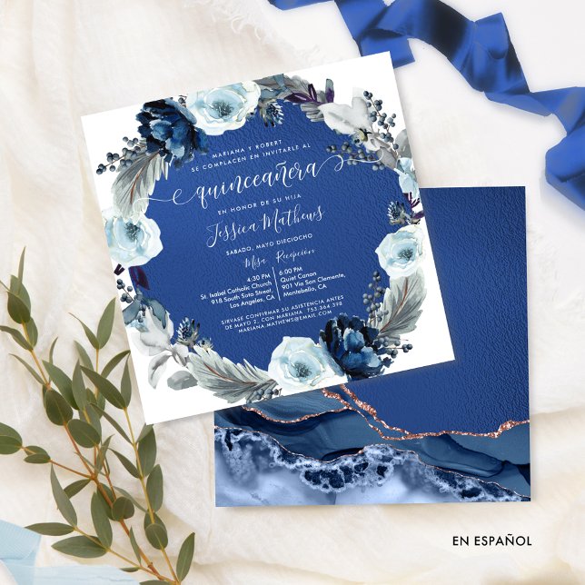 Invitation Elégante Marine et Royal Blue Flowers Quinceañera (Créateur téléchargé)