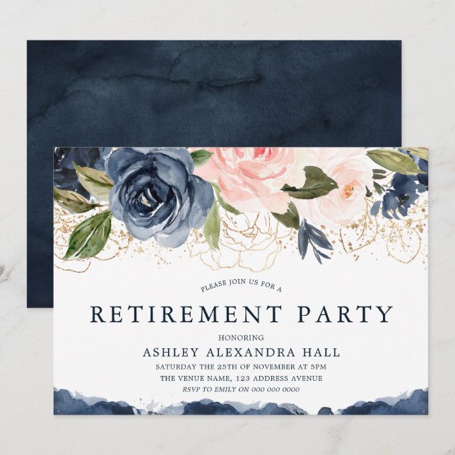 Invitation Élégante Marine Floral Gold Blush Retraite Party (Devant / Derrière)