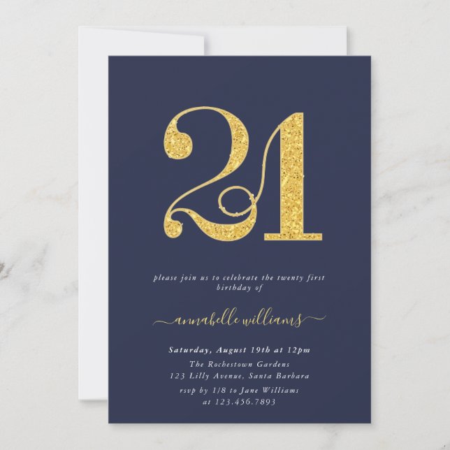 Invitation Elégante Marine & Gold 21e fête d'anniversaire (Devant)