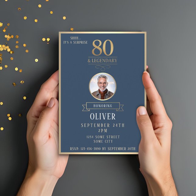 Invitation Elégante Marine & Gold 80e & Légendaire Anniversai (Créateur téléchargé)