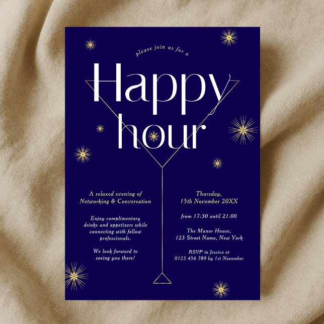 Invitation Elégante Marine & Gold Business Networking Happy H (Modern navy blue and gold company cocktail party happy hour event invitation)