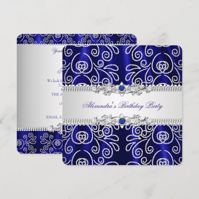 Invitation Élégante Marine Royal Blue Lace Diamond Overlay Pa (Devant / Derrière)