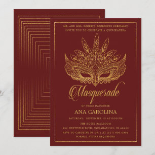 Invitation Elégante Maroon Parties scintillant or Masquerade 