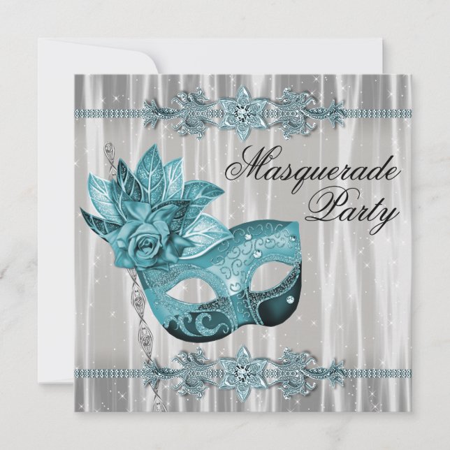 Invitation Élégante Mascarade blanche et bleue Turquoise (Devant)