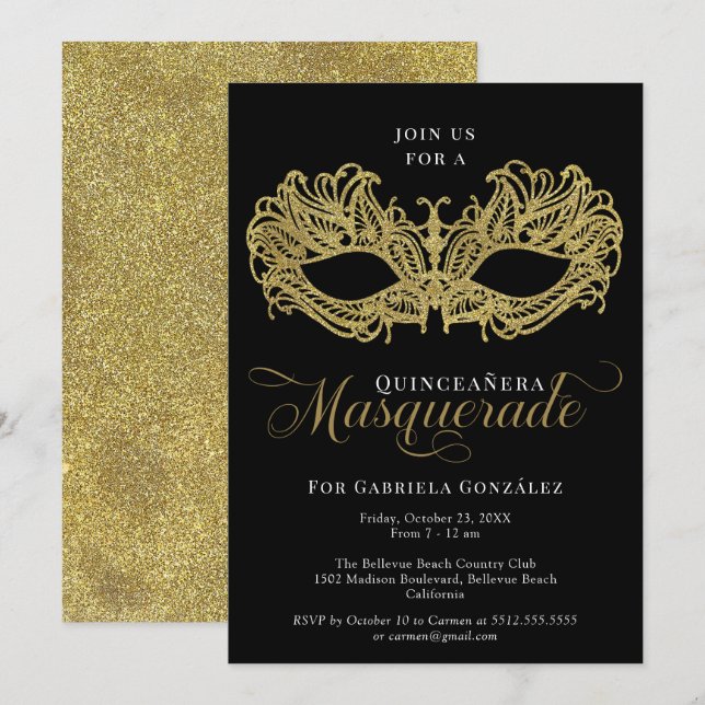 Invitation Elégante mascarade dorée Quinceanera (Devant / Derrière)