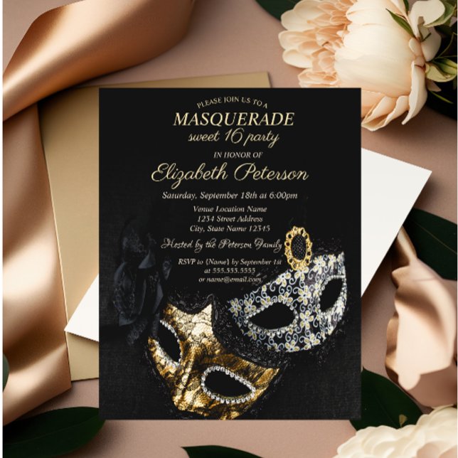 Invitation Elégante Mascarade noire, Masque Sweet 16 (Créateur téléchargé)