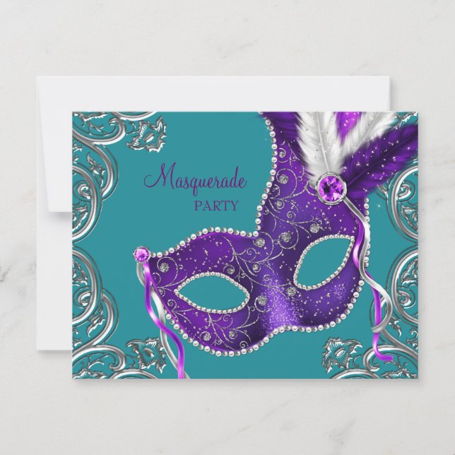 Invitation Élégante Mascarade violette et bleu turquoise (Devant)