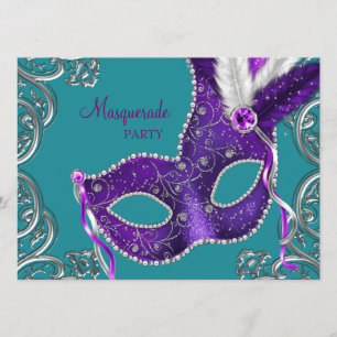 Invitation Élégante Mascarade violette et bleu turquoise