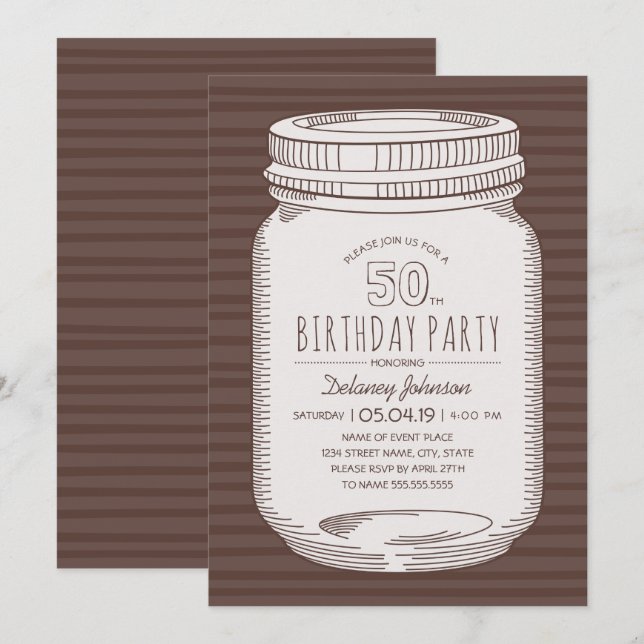 Invitation Elégante Mason Jar Rustic 50e fête d'anniversaire (Devant / Derrière)
