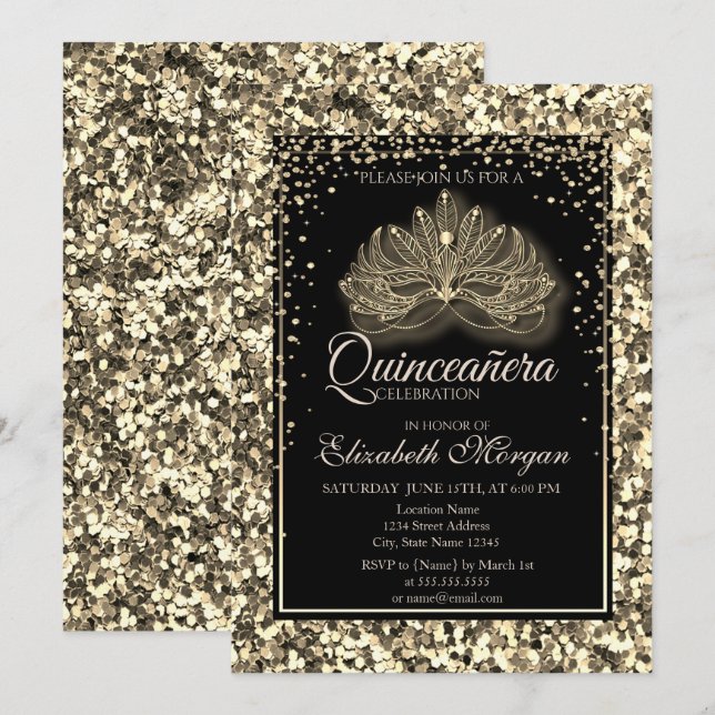 Invitation Elégante Masque moderne Séquins Or Quinceanera (Devant / Derrière)