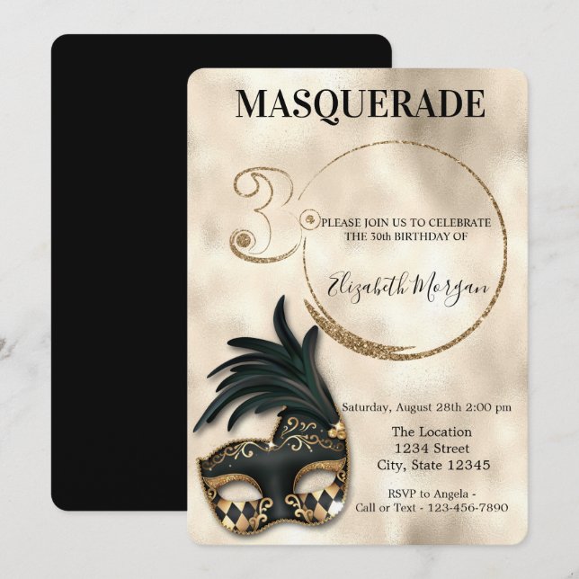 Invitation Elégante Masquerade Gold 30e anniversaire (Devant / Derrière)