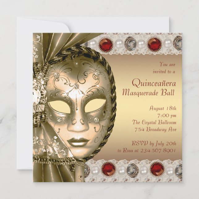 Invitation Élégante Masquerade Rouge et Or (Devant)