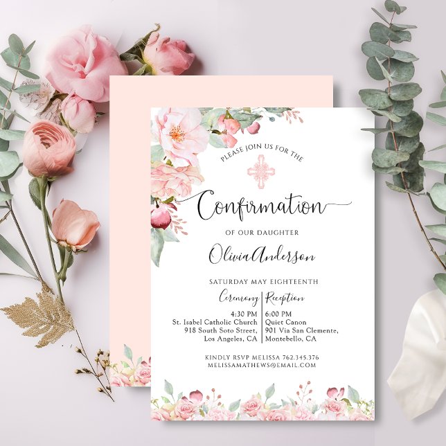 Invitation Élégante menthe de confirmation et pêche florale (Créateur téléchargé)