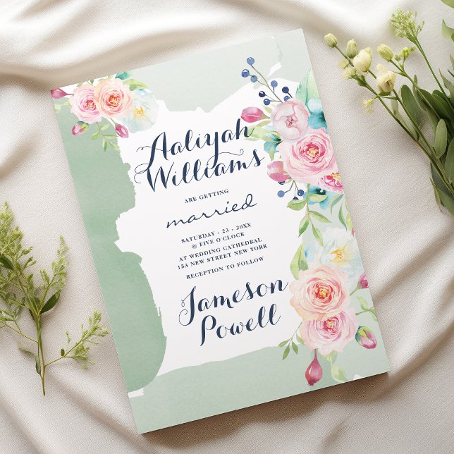 Invitation Elégante menthe vert rose aquarelle Mariage (Elegant mint green pink watercolor floral Wedding )
