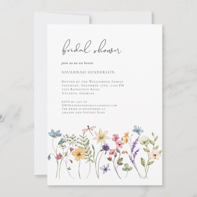 Invitation Elégante minimaliste Fleur sauvage Fête des mariée (Devant)