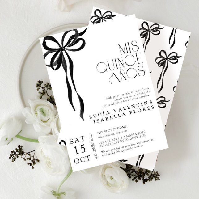 Invitation Elégante Mis Noir Bow Quince Años Quinceañera (Créateur téléchargé)