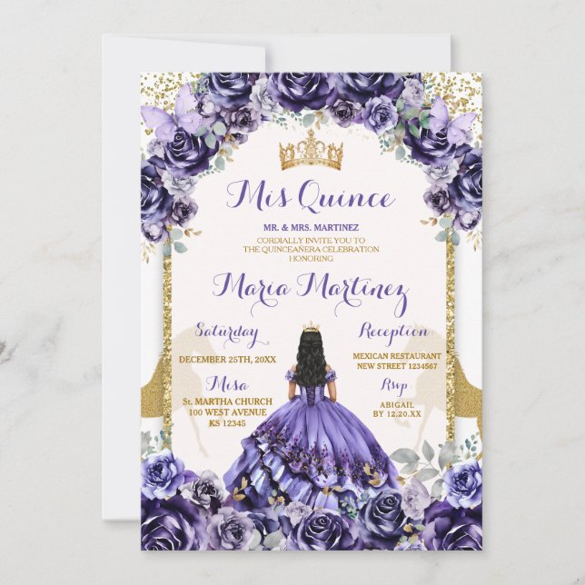 Invitation Elégante Mis Quince Purple & Fleurs Papillon (Devant)