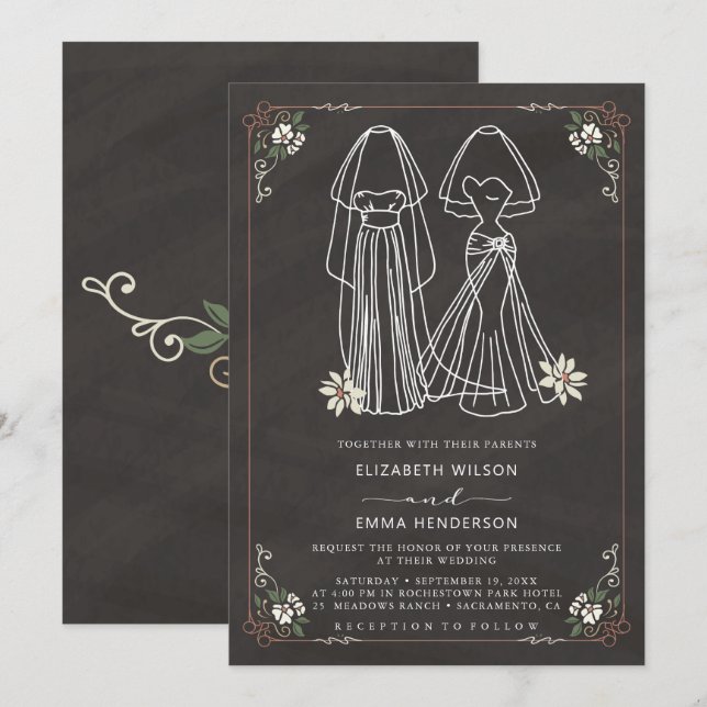 Invitation Élégante Mme et Mme Chalkboard Mariage (Devant / Derrière)
