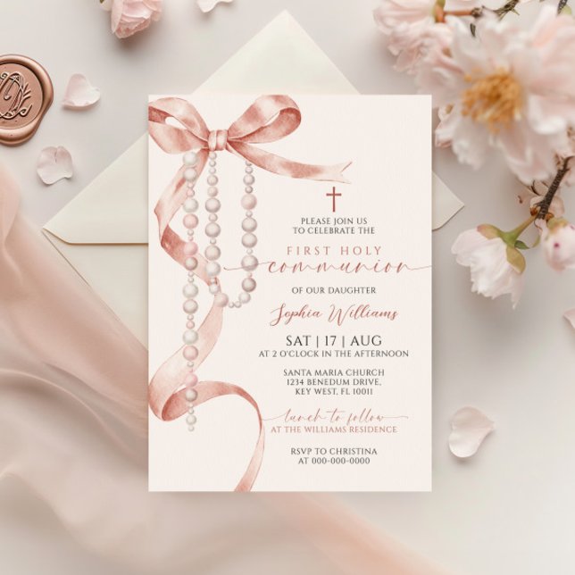 Invitation Élégante Mocha Bow & Rosary Première sainte commun (Créateur téléchargé)