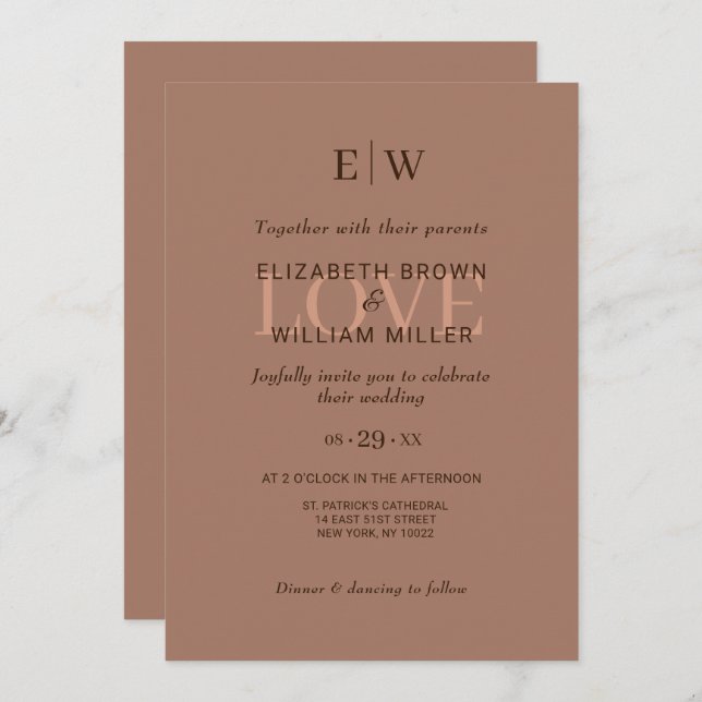Invitation Elégante Mocha Mousse simple avec Mariage Monogram (Devant / Derrière)