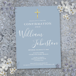 Invitation Élégante Moderne Croix Dorée Confirmation Bleu Pou