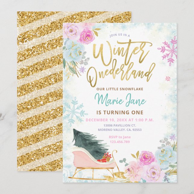 Invitation Elégante Monnaie Hiver Onederland Anniversaire Inv (Devant / Derrière)