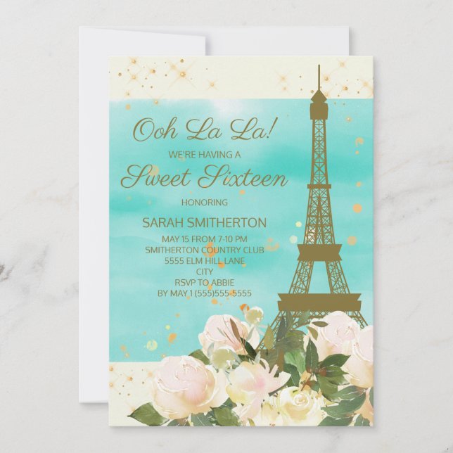 Invitation Elégante Monnaie Or Tour Eiffel Paris Sweet 16 (Devant)