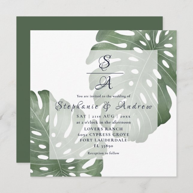 Invitation Élégante Monstera Emerald Mariage vert (Devant / Derrière)