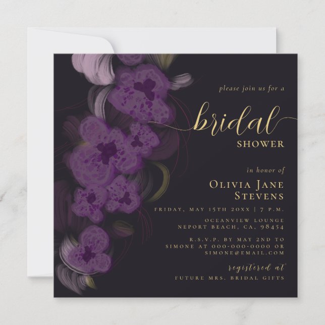 Invitation Elégante Moody Black Purple Orchids Fête des marié (Devant)