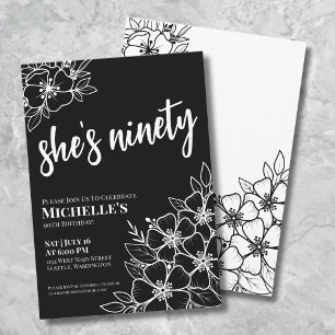 Invitation Elégante Ninety Black White 90e fête d'anniversair