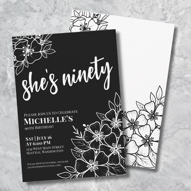 Invitation Elégante Ninety Black White 90e fête d'anniversair (Elegant Ninety Black White 90th Birthday Party Invitation)