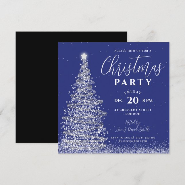 Invitation Élégante Noël Arbre fête Silver Navy Vacances (Devant / Derrière)