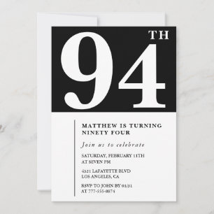 Invitation élégante noir blanc pour 94e anniversai