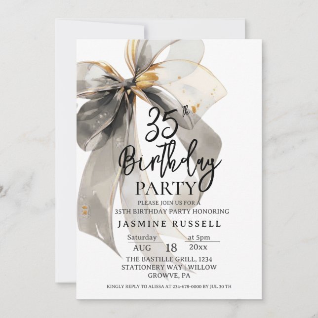 Invitation Élégante Noire Aquarelle Bow Anniversaire Femme de (Devant)