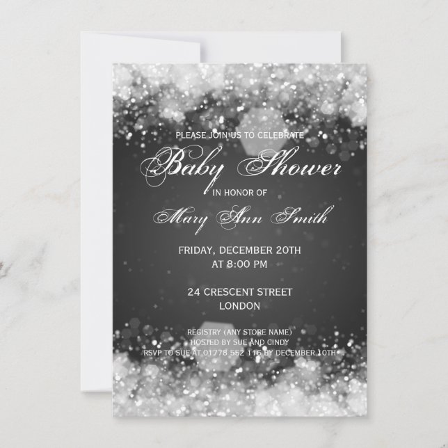 Invitation Élégante nuit Baby shower Étincelle Noire (Devant)