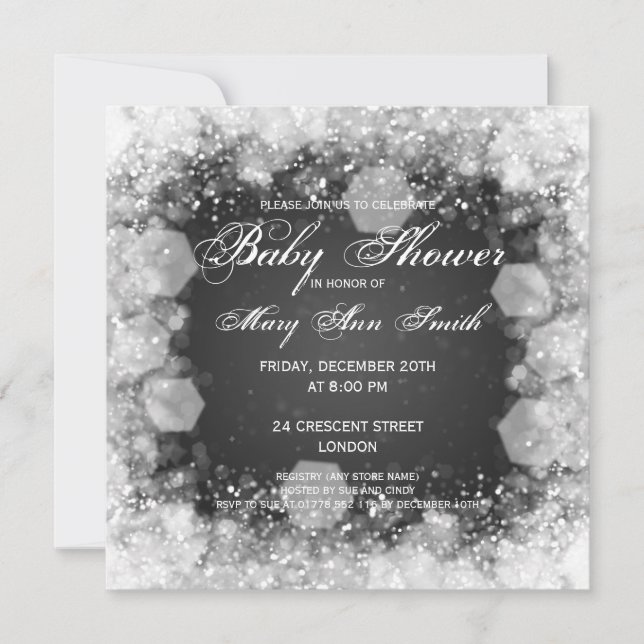 Invitation Élégante nuit Baby shower noir étincelant (Devant)