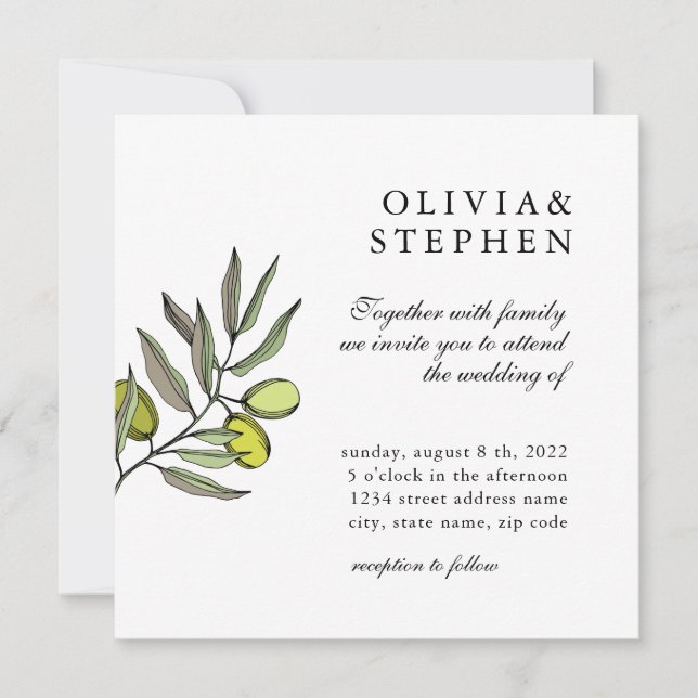 Invitation Elégante olive. Mariage classique traditionnel (Devant)