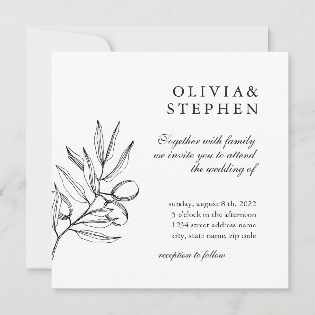 Invitation Elégante olive. Mariage noir blanc simple (Devant)