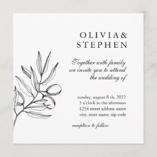 Invitation Elégante olive. Mariage noir blanc simple
