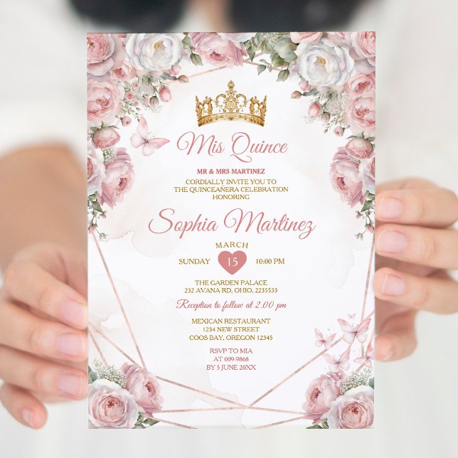 Invitation Elégante or mexicain rose fleurs Quinceañera (Créateur téléchargé)