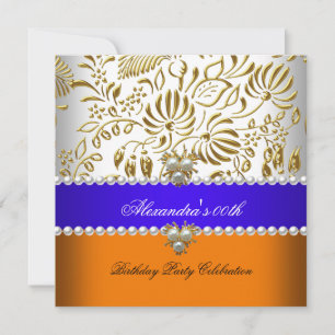 Invitation Elégante Orange Blue Gold Damask Pearl Party
