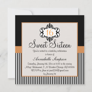 Invitation élégante orange et noir pour un Sweet 1