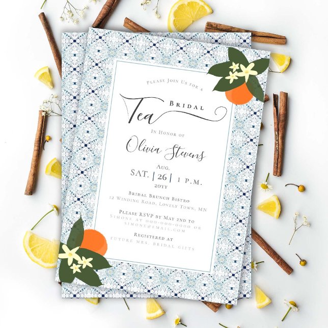 Invitation Elégante Oranges de thé nuptiale Tuiles portugais  (Créateur téléchargé)
