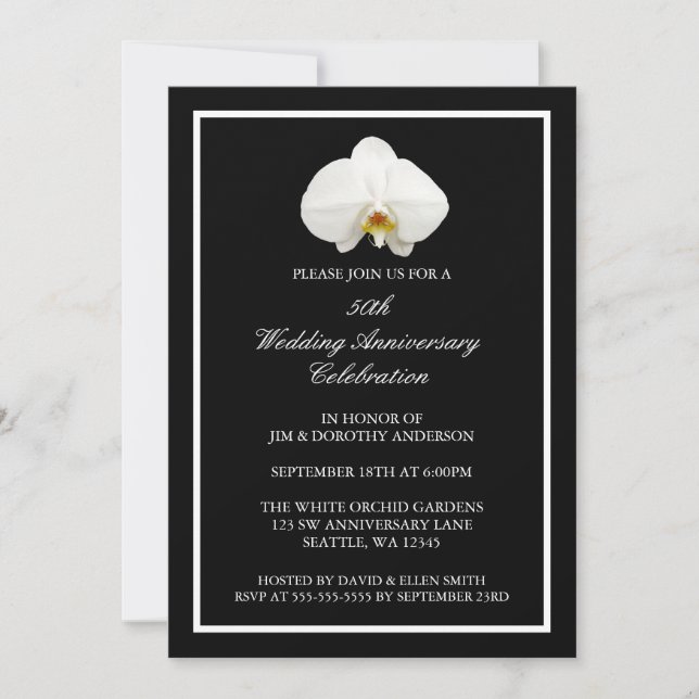 Invitation Élégante Orchidée Blanche 50e Anniversaire de Mari (Devant)